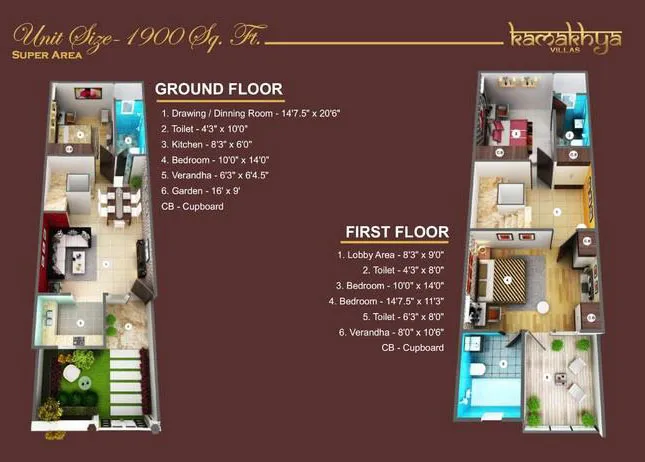 Kamakhya Villas duplex 3 BHK floor plan across ground and first floors