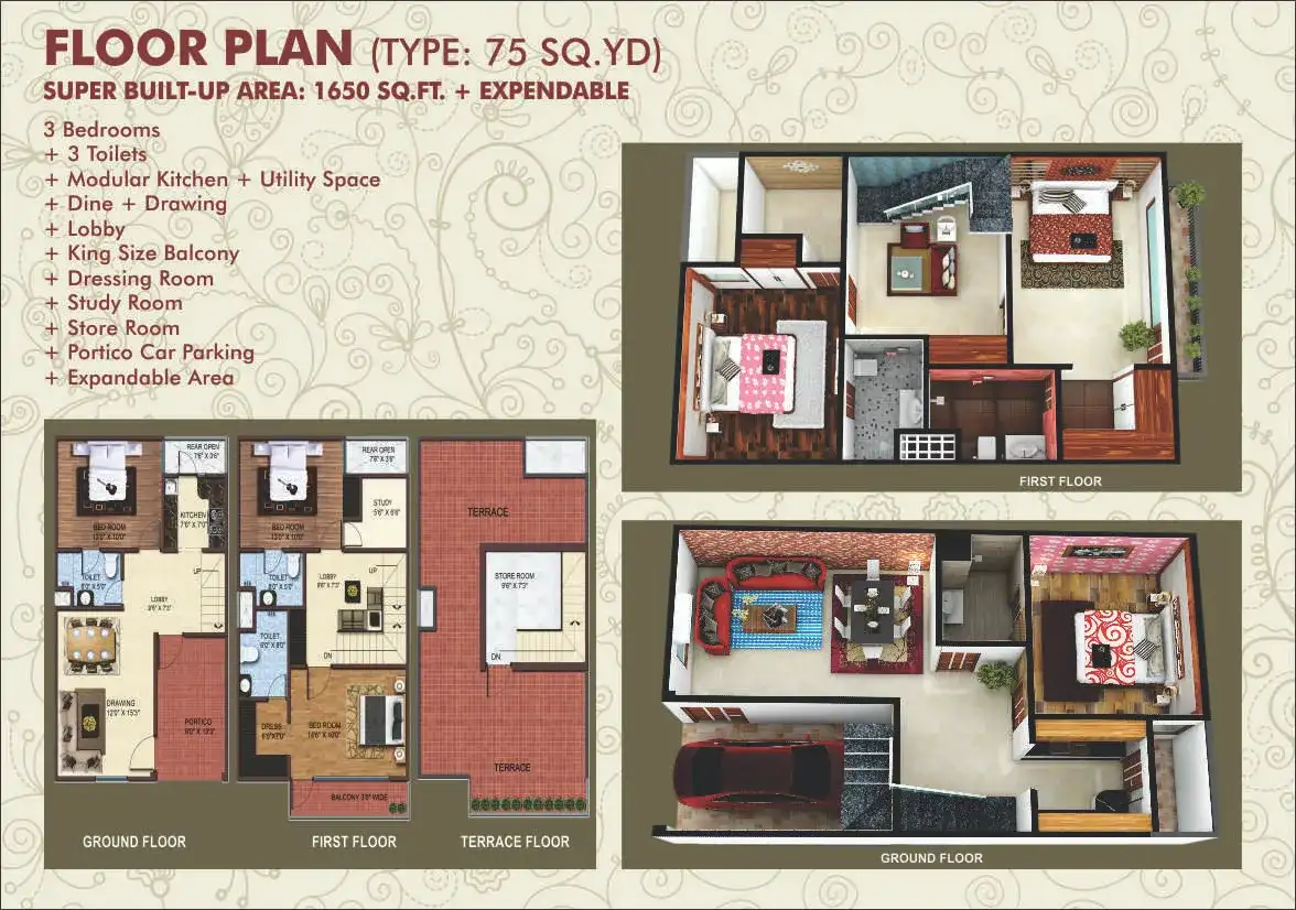 Novel Valley 75 sq yd floor plan with 1,650 sq ft super built-up