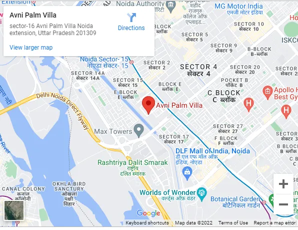 Avni Palm Villa Google Maps location screenshot in Sector 16 Noida
