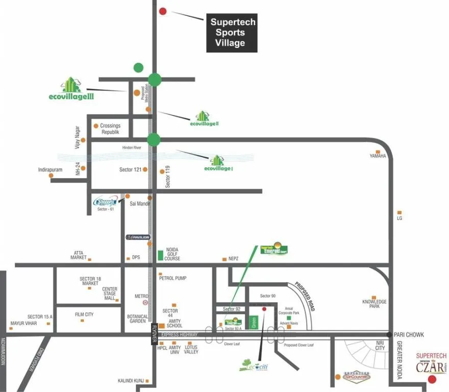 Supertech Sports Village location map on Noida-Greater Noida corridor