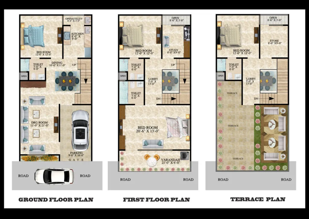 Paradise Greens Villas ground first and terrace floor plan