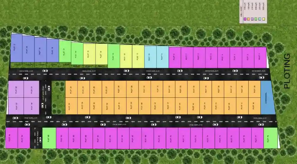 Satya Villas 77-plot site plan with size chart