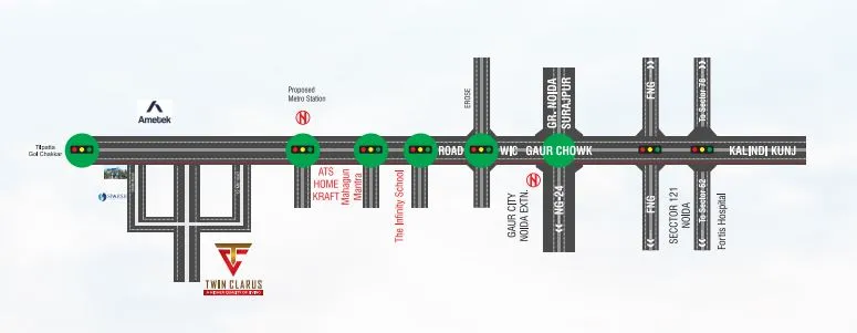 Twin Clarus Villas location map on NH-24 Gaur Chowk corridor