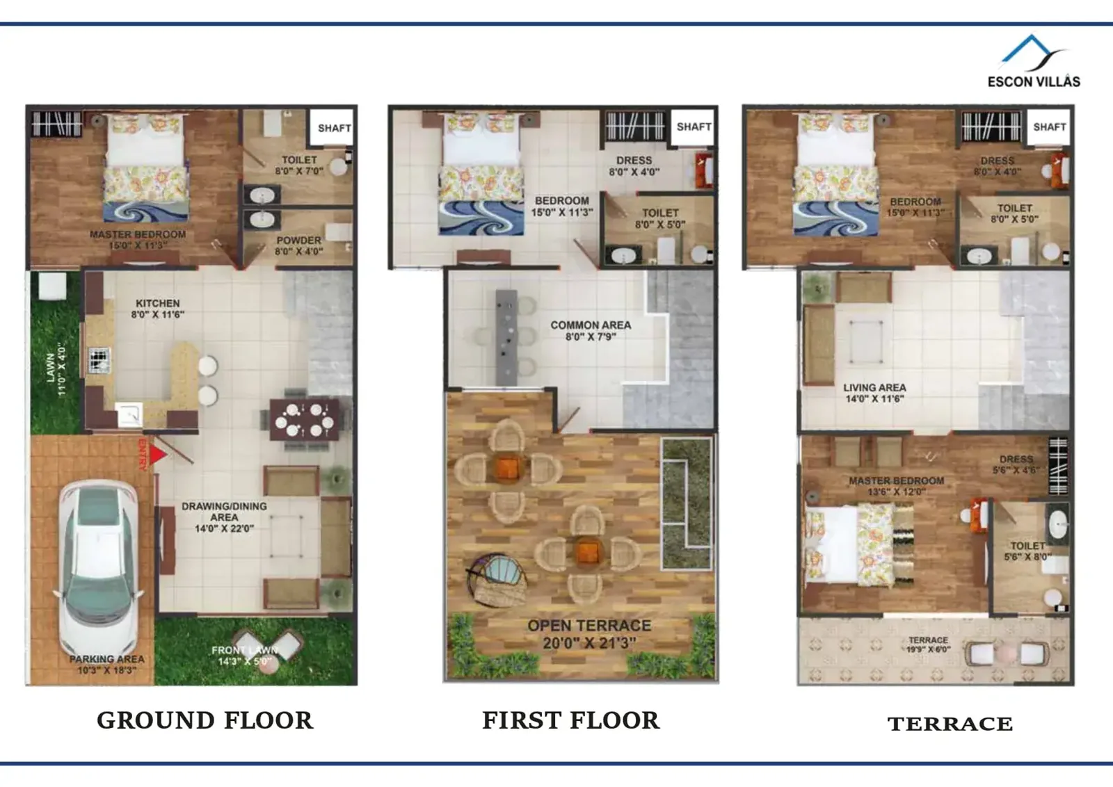 Escon Villas 3-plate variant (Ground · First · Terrace)