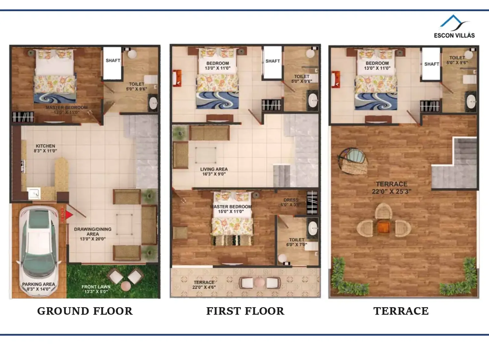 Escon Villas 3-plate variant (Ground · First · Terrace)
