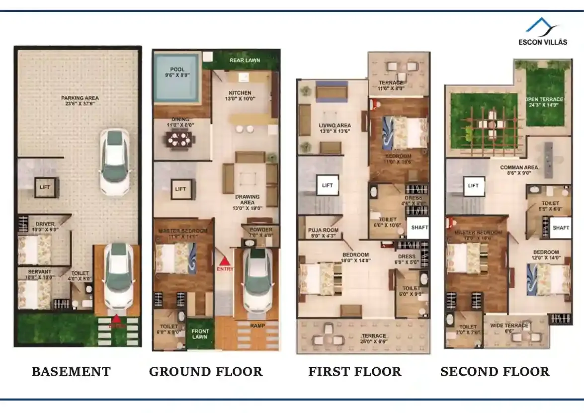 Escon Villas 4-plate variant A (Basement · Ground · First · Second)