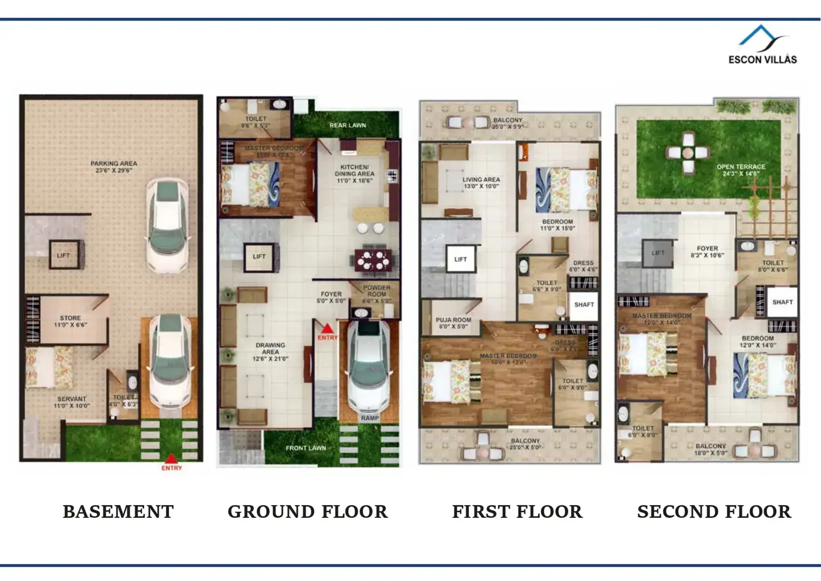 Escon Villas 4-plate variant B (Basement · Ground · First · Second)
