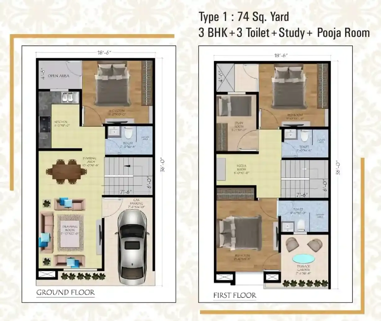 Signature Villas 74 sq yd floor plan