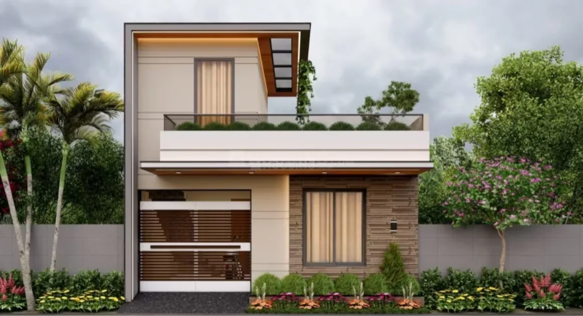 Ashoka Vatika Luxurious Villas — Front render of a modern two-story villa with a balcony, garage, and lush green landscaping.