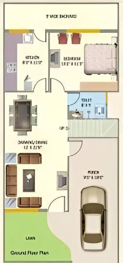 Shivi Grand Avenue Villa — A floorplan showing the layout of a ground floor with a living area, dining area, kitchen, bedroom, and bathroom.