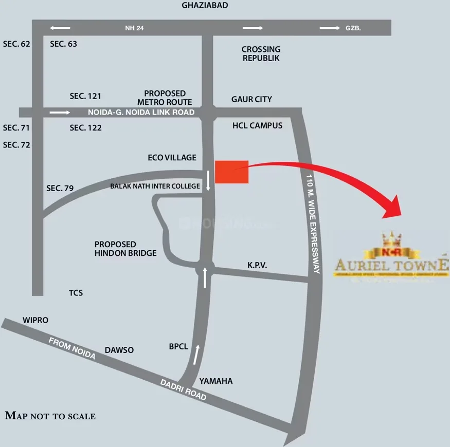 NCR Auriel Towne Villa — Location map of a project showing proximity to NH 24, Noida-G. Noida Link Road, HCL Campus and Eco Village