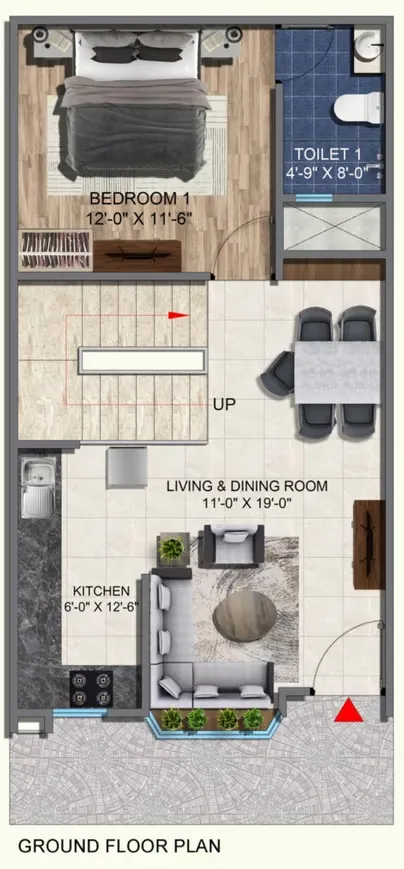 Rohin City Site Villa — Ground floor plan showing a bedroom, toilet, living & dining room, and kitchen.