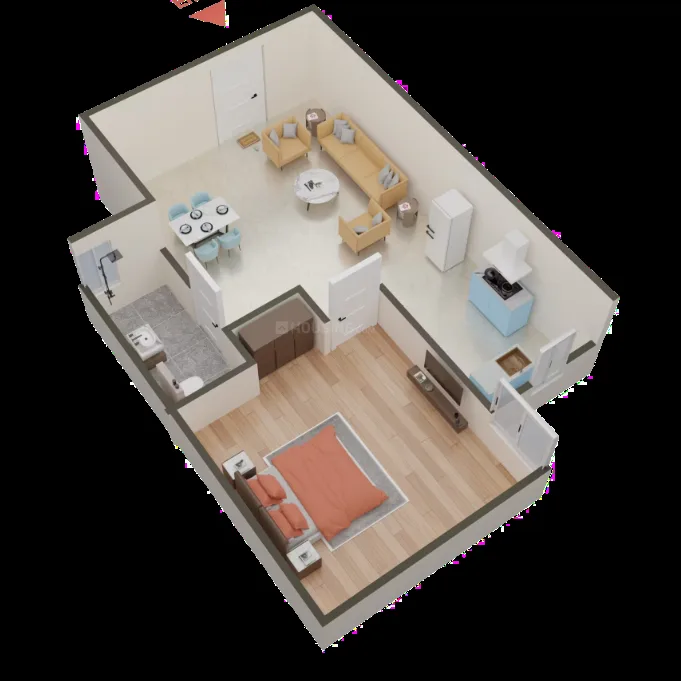 Shivi Ashok Gokul Villa — A 3D floorplan rendering showing a living room, dining area, kitchen, bedroom, and bathroom in an apartment.