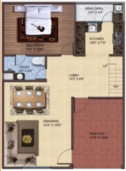 AKJ Real Infra Novel Valley — Floorplan of a residential unit showing a bedroom, toilet, kitchen, lobby, drawing room, portico and rear open area.