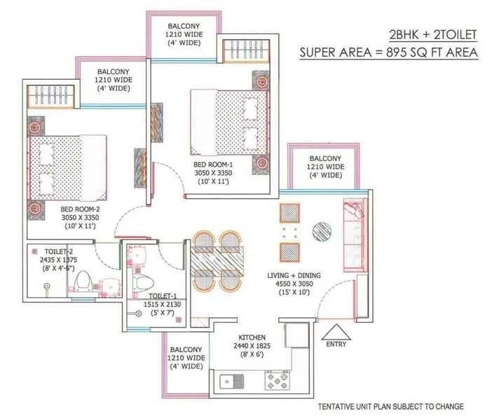 Ajnara Sports City Villas — 2BHK + 2Toilet floor plan with super area 895 sq ft, including two bedrooms, two bathrooms, living room, kitchen, and three balconies.