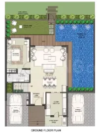 Rise Resort Residence Villa — Floor plan drawing of a residential unit with a garden, swimming pool, and parking for two cars.