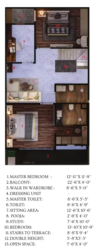 Green Villa 1 — Floorplan drawing showing master bedroom, balcony, walk-in wardrobe, dressing unit, master toilet, toilet, sitting area, pooja, study, bedroom, stairs to terrace, double height, and op