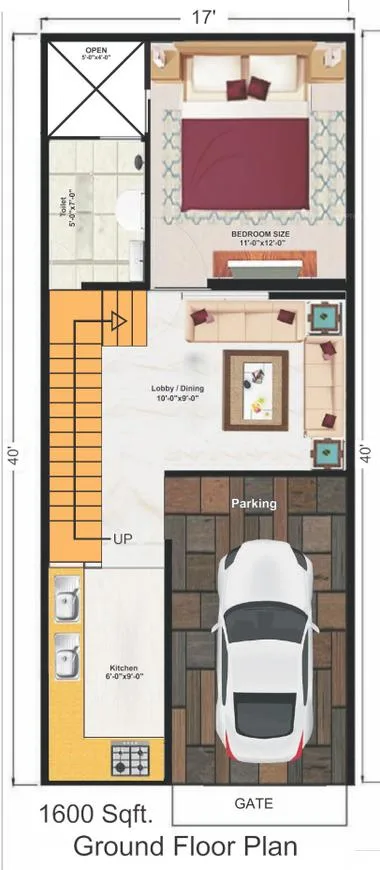 Golden Shri Ram Villas — Ground floor plan of a 1600 sqft residential unit with dimensions 17'x40', showing parking, kitchen, lobby/dining, toilet, and a bedroom.
