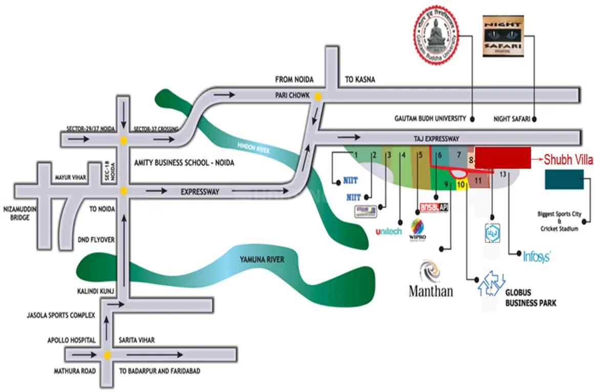 Shubh Villa — Location map showing Shubh Villa near Taj Expressway, with landmarks like Gautam Budh University and Night Safari.