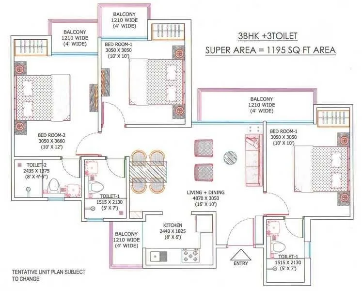 Ajnara Sports City Villas — Floor plan for a 3BHK unit with 3 toilets, showing dimensions for rooms, balconies, and kitchen.