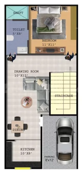 Rohit Tulsi Vatika Royal Villas — A floor plan showing a bedroom, toilet, shaft, drawing room, dining area, kitchen, staircase, and parking.