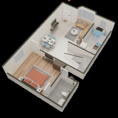 Rohin City Site Villa — Rendered 3D floorplan with furniture showing a living room, dining area, kitchen, bedroom, and bathroom.