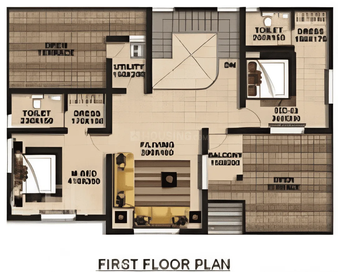 Shivi Grand Avenue Villa — First floor plan with dimensions for living room, bedroom, bathroom, utility, and balcony.