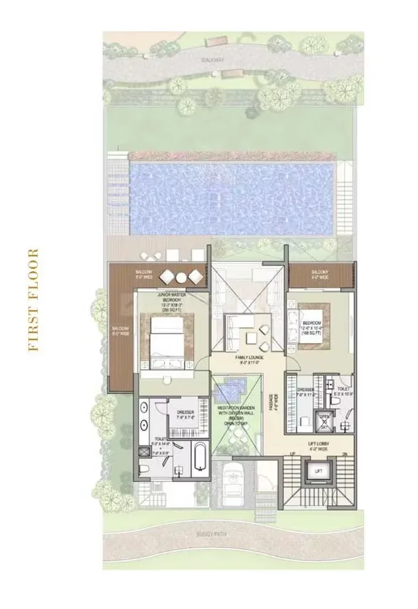 Rise Resort Residence Villa — First floor plan with a swimming pool, two bedrooms, a family lounge, and balconies.
