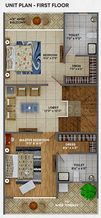 Pride Villas — Floor plan drawing of a first floor unit with master bedroom, bedroom, lobby, toilets, dressers, balcony, and terrace.