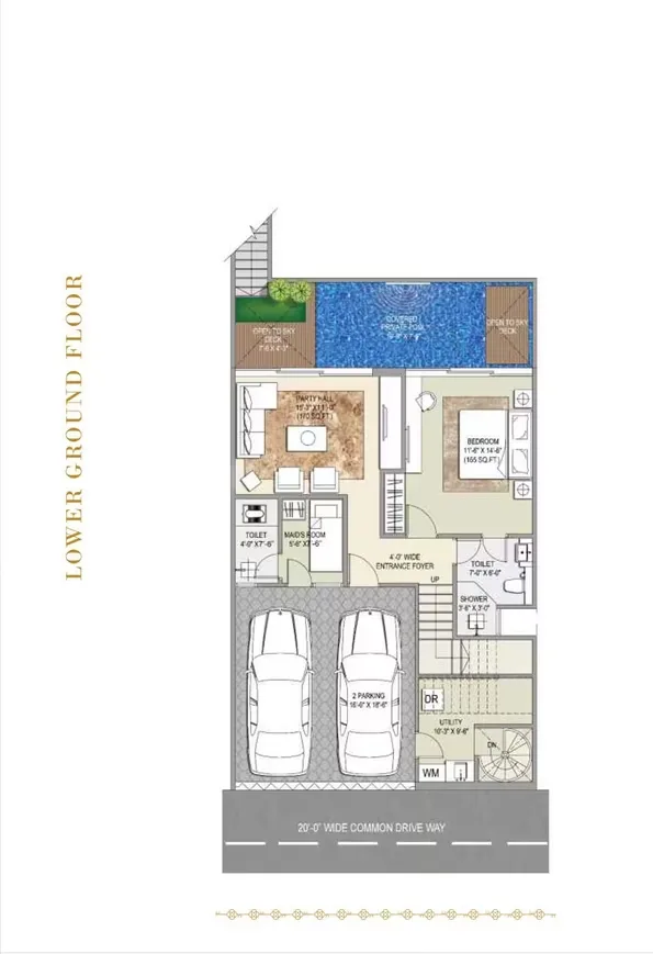 Rise Resort Residence Villa — Floorplan for the lower ground floor showing parking, a bedroom, pool, and common driveway.