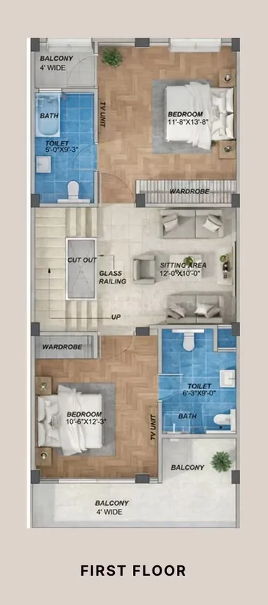 Root2Home Samridhhi Villas — First floor plan with two bedrooms, two bathrooms, a sitting area, and two balconies.