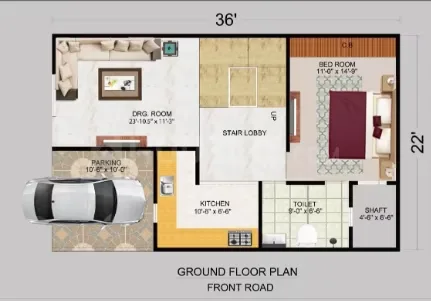 Satya Villa — Ground floor plan for a residential unit, featuring parking, drawing room, kitchen, bedroom, toilet, stair lobby, and shaft.