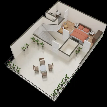 Rohin City Site Villa — 3D render of a floor plan with a bedroom, bathroom, living area, and a balcony with outdoor seating.