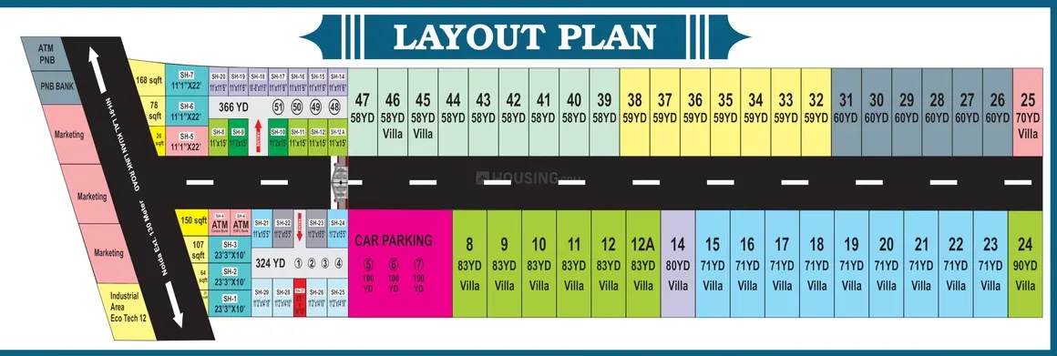 Sanskriti Garden Villas — Colored layout plan of a residential villa project showing plots of various sizes and amenities like ATM, bank, and car parking.