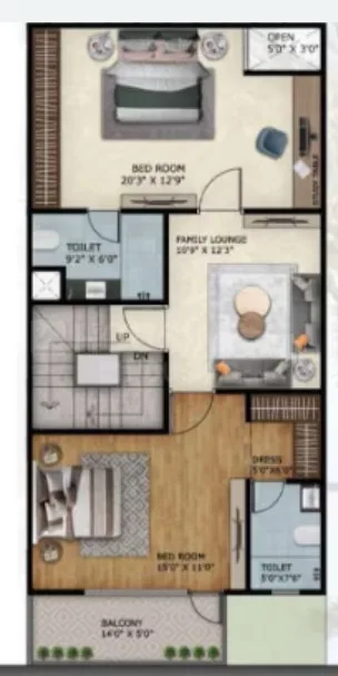Paradise Palm Villa — Floor plan showing two bedrooms, two toilets, family lounge, balcony, stairs, and open space.