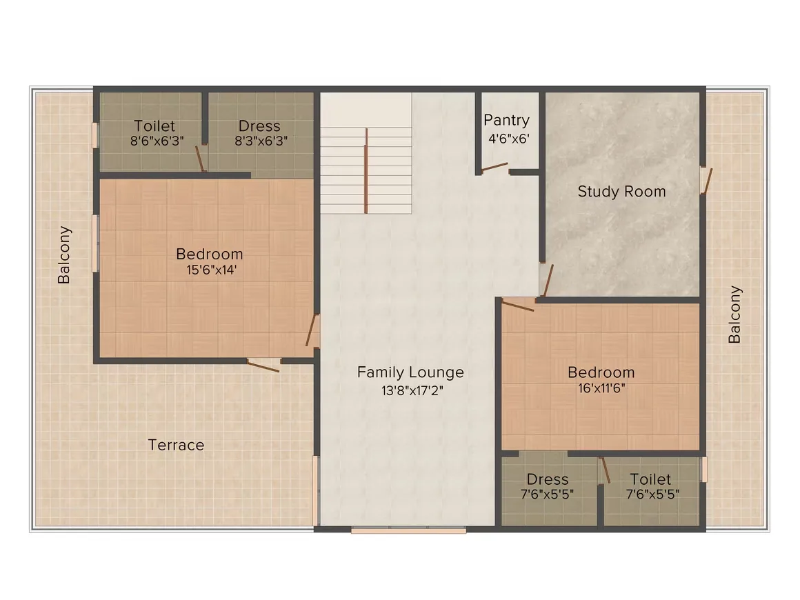 Aadhar Dew Drops Villas — Floor plan showing two bedrooms, two toilets, two dressing areas, a family lounge, pantry, study room, two balconies, and a terrace.