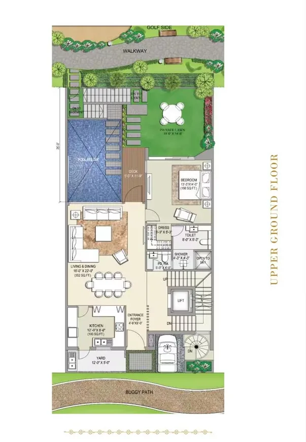Rise Resort Residence Villa — Floor plan for the upper ground floor of a villa, showing a private lawn, pool, living, dining, kitchen, and bedroom.
