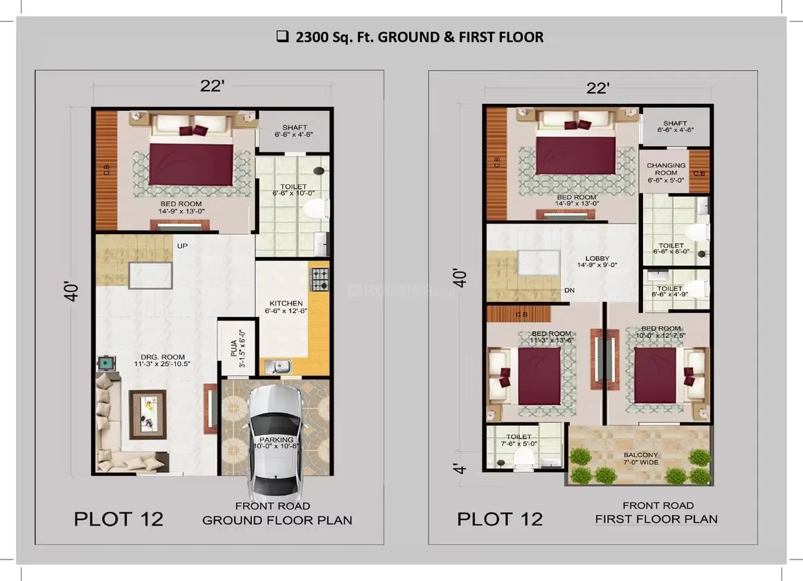 Satya Villa — Floor plan of a 2300 sq. ft. ground and first floor unit, Plot 12, showing 22'x40' dimensions.