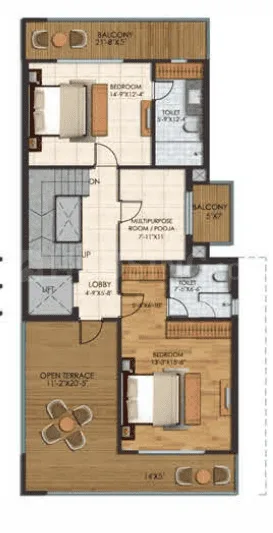 Sunrise Suntwilight Recreational Phase 1 — Floorplan drawing showing two bedrooms with attached toilets, two balconies, a lobby, multipurpose room and open terrace.