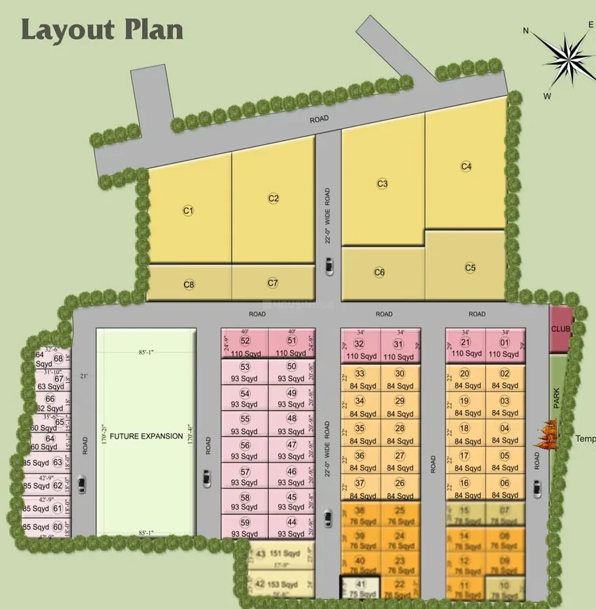 Paradise Krishna Vatika Luxurious Villas — Layout plan of a residential project showing plots of various sizes, roads, and future expansion area.