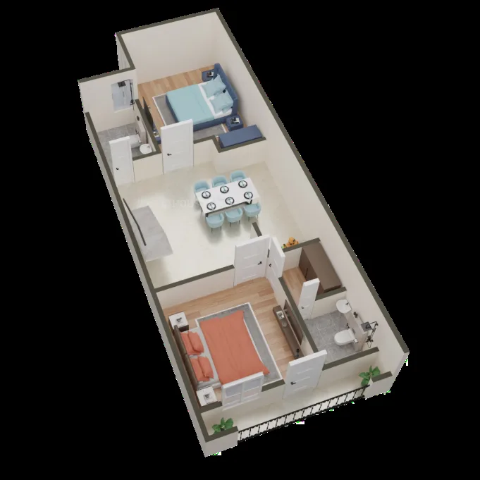 Golden Shri Ram Villas — 3D floor plan rendering showing two bedrooms, a dining area, and two bathrooms