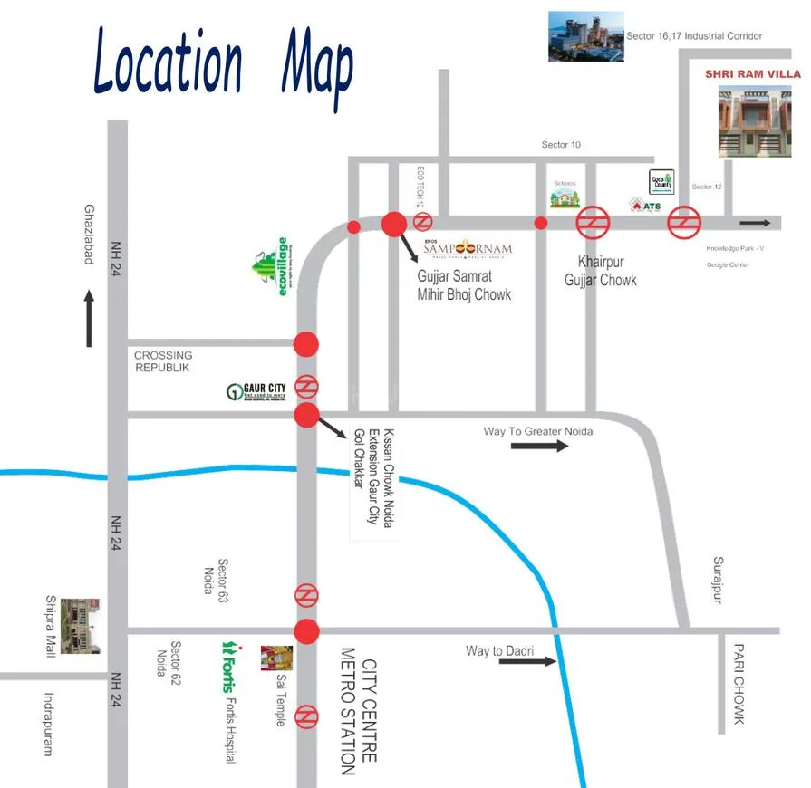 Golden Shri Ram Villas — Location map showing roads, landmarks like Fortis Hospital, Shipra Mall, and metro stations near projects like SAMPOORNAM.