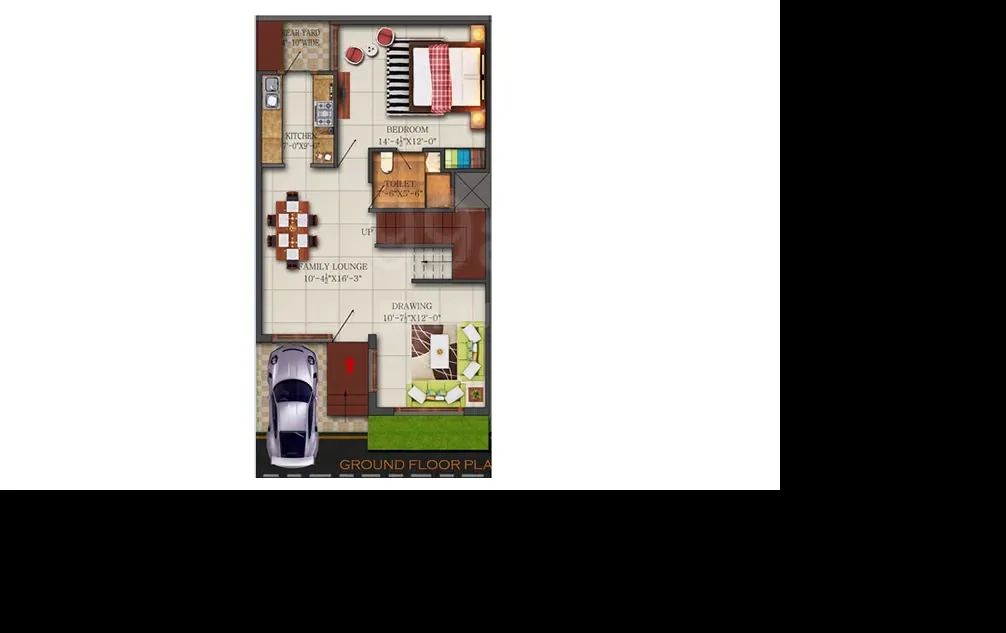 Real Homez Green Villa 2 — Ground floor plan showing a car parking, drawing room, family lounge, kitchen, toilet and bedroom layout