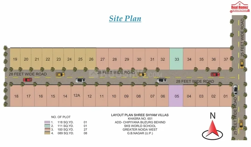 Shree Shyam Luxury Villas — Site plan showing plot layout with roads, plot numbers, and a legend for plot sizes.