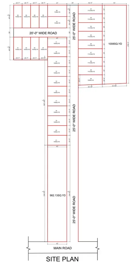Essential Lotus Green 2 — Site plan showing plot layouts, roads, and dimensions, with plots ranging from 108SQ.YD to 110SQ.YD.