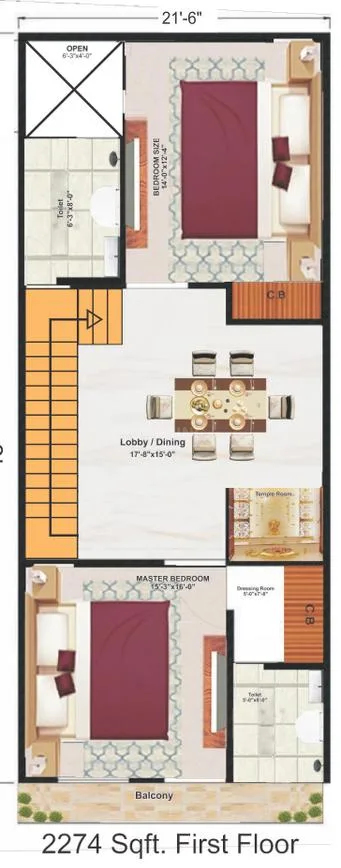 Golden Shri Ram Villas — First floor plan of a 2274 Sqft. unit with master bedroom, another bedroom, lobby/dining, toilet, and balcony.
