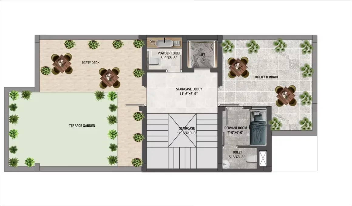 CNR Aurelia Estate Villas — Floorplan illustrating a terrace level with a terrace garden, party deck, utility terrace, powder toilet, servant room, toilet, staircase, staircase lobby, and lift.