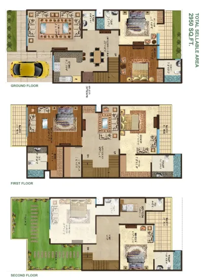 Amrapali Dream Valley 2950 sq ft villa floor plan across ground, first and second floors with bedrooms, family lounge and terrace.