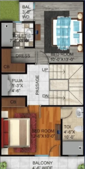 AB Crimson Villa — Floor plan showing two bedrooms, two toilets, a dress area, a puja room, a passage, stairs, and two balconies.