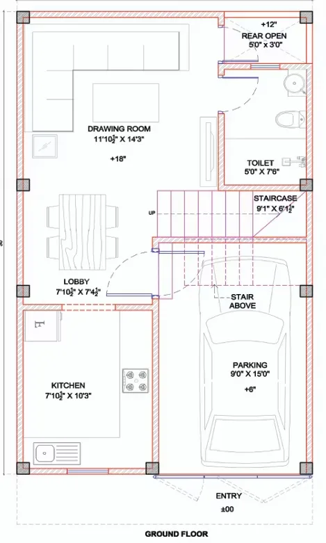 Primagic Onyx Abode — Ground floor plan showing a drawing room, lobby, kitchen, toilet, staircase, and parking.